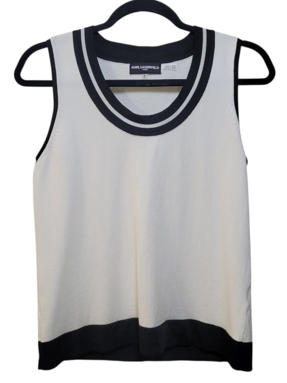 Karl Lagerfeld Paris Womens Knit Sleeveless Top Vest Scoop Neck White Black M